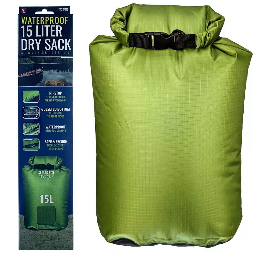 15L Waterproof Green Dry Sacks - 20.5" x 14.5"