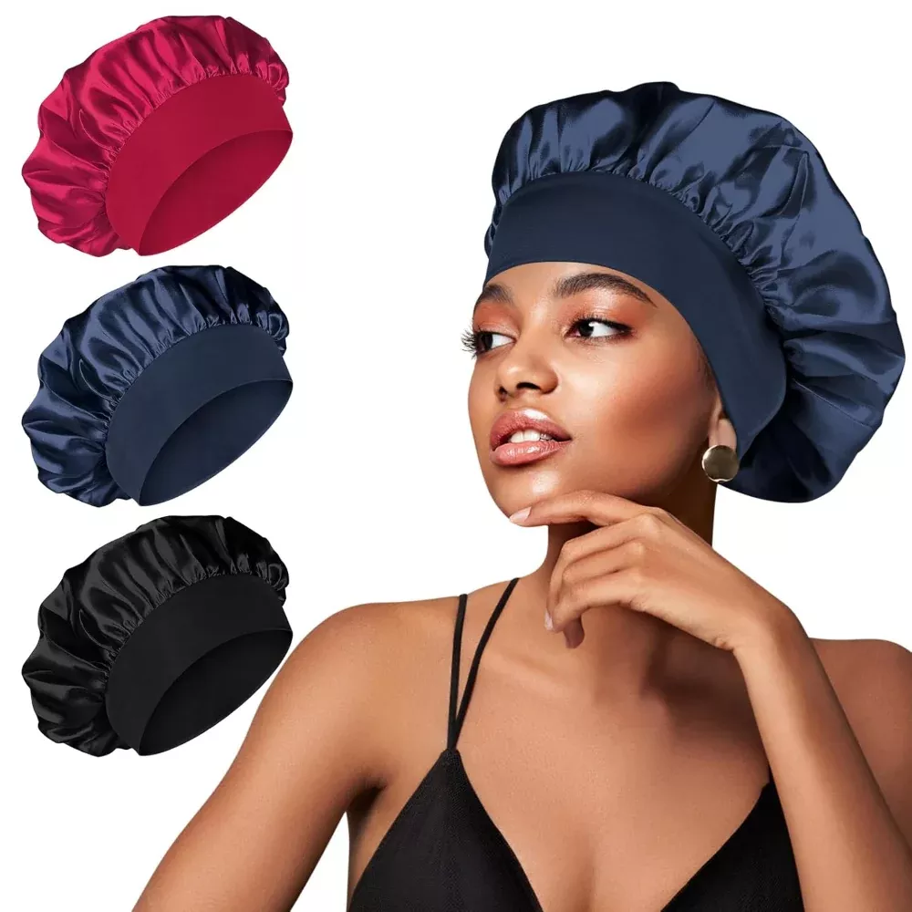 3-Pack Silk Sleep Bonnets – Satin Hair Protection Use – Large Soft Band for Curly Hair & Braids – Women’s Nighttime Hair Cap