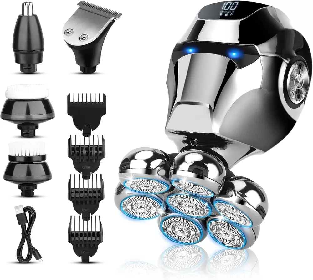 7D Electric Shaver – 6-in-1 Floating Head Use – Nose Hair & Sideburns Trimmer, Face Brush – Waterproof, LED Display & Type-C Rechargeable – Bald Head Shaving for Men