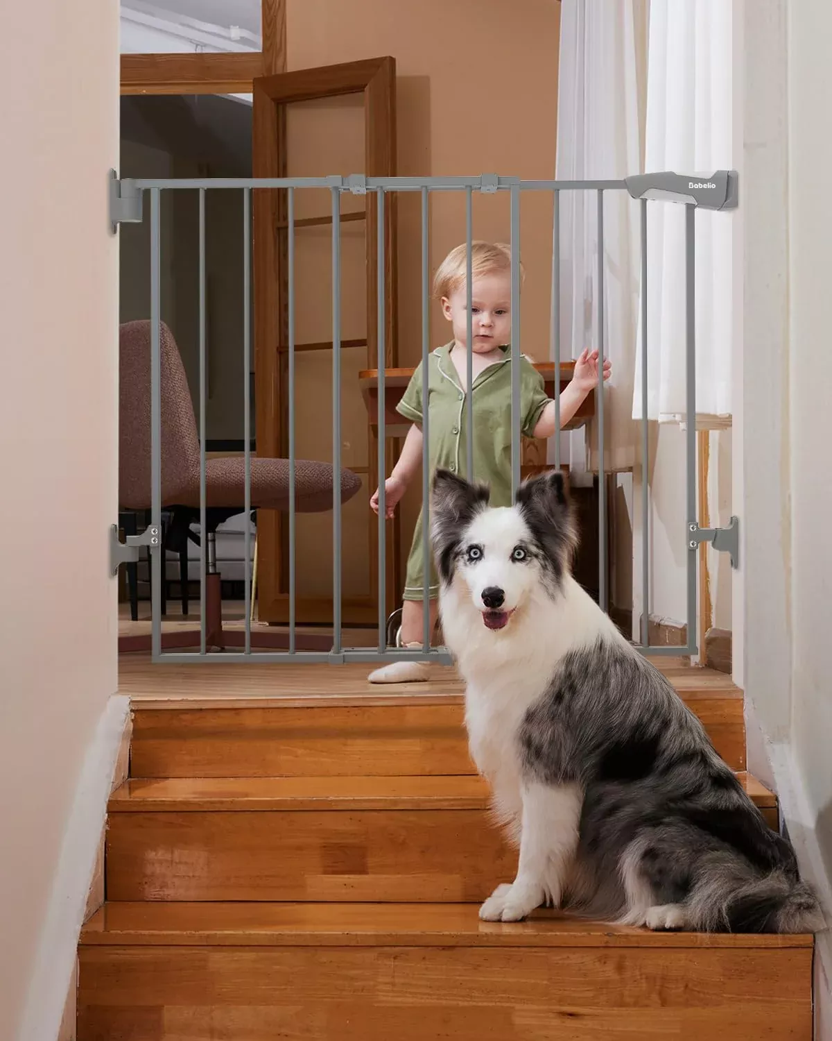 BABELIO 2-in-1 Baby Gate, 26-43" W, 28" H, Gray Alloy Steel, Hardware Mount, Large Walk Thru Door for Babies, Elders,