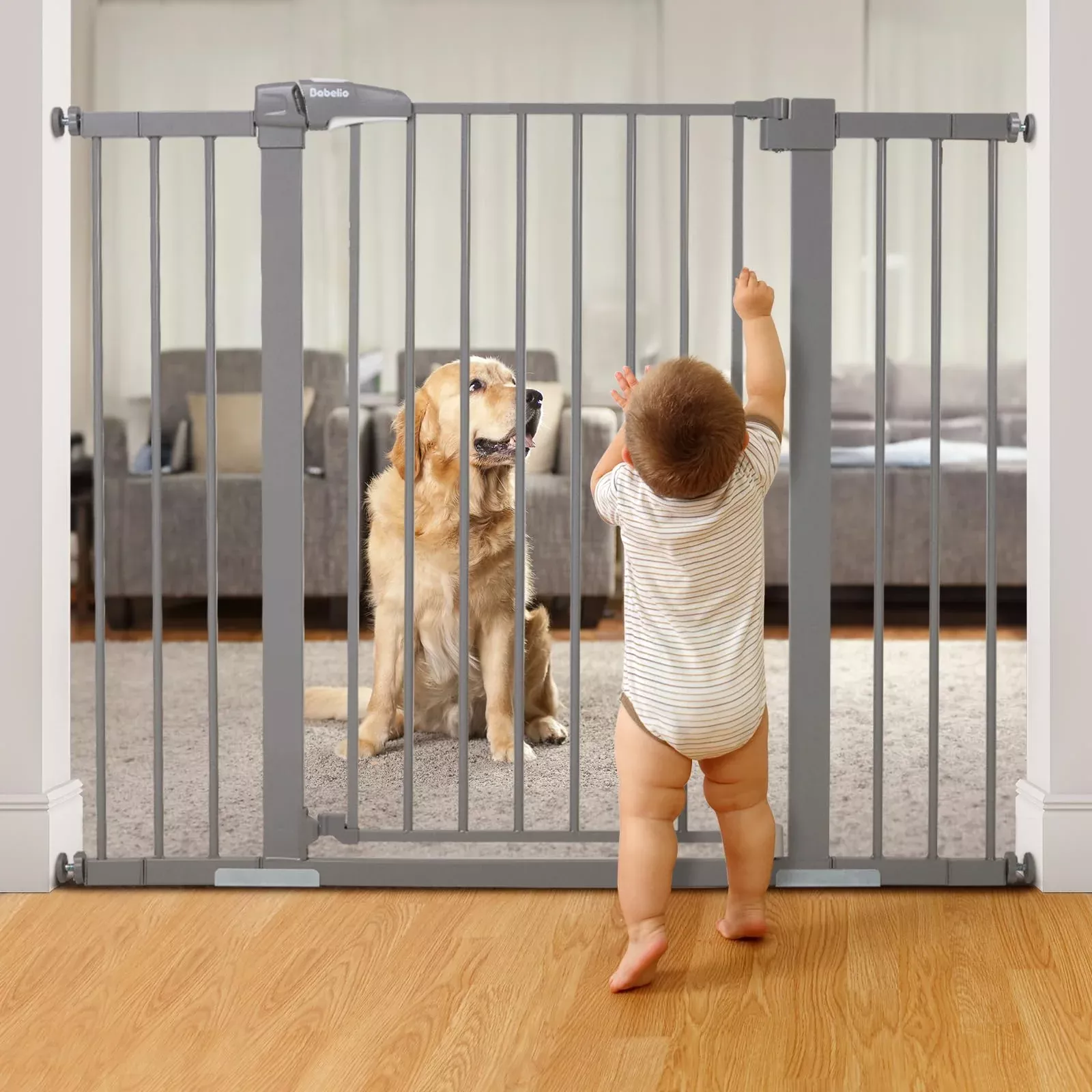 Babelio 36 Inch Tall Metal Baby Gate, 29-48' Auto Close Pressure Mounted Dog Gate For Stairs?Doorways & Hallway, Protector Basics Easy Walk Thru Pet Gate, Child Gate With 4*Wall Cups,Gray
