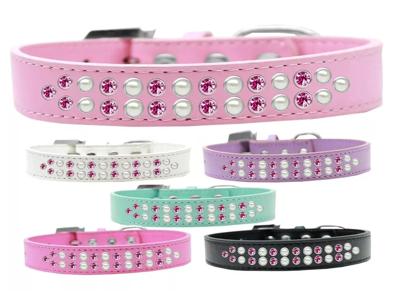 Dog, Puppy & Pet Fashion Collar, Two Row Pearl and Pink Crystal Rimsets Light Pink 14