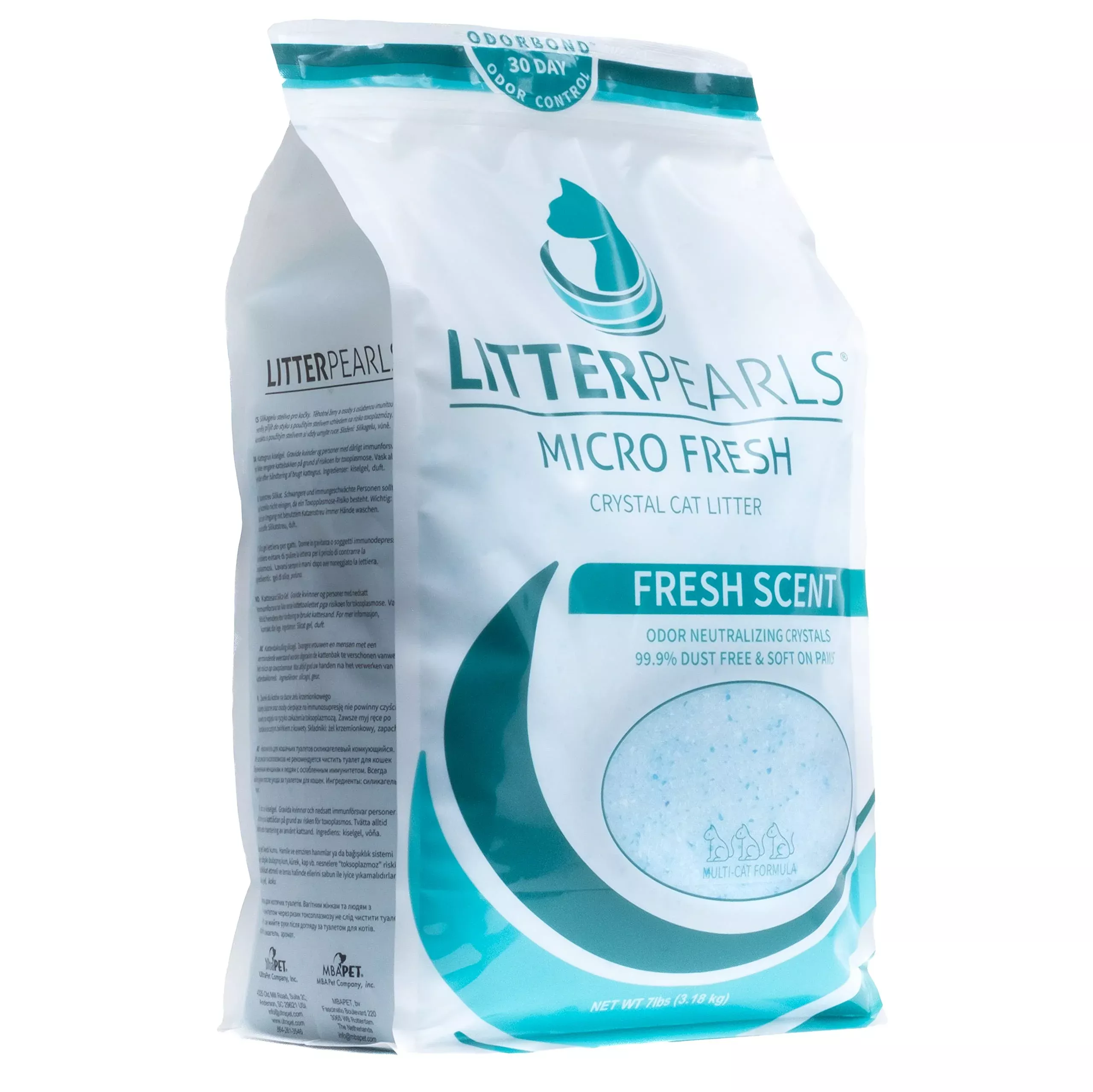 Litter Pearls Crystal Cat Litter - 7lb Silica Gel with Odorbond, Low Dust, Soft-On-Paws, White & Blue Crystals, Model 10609