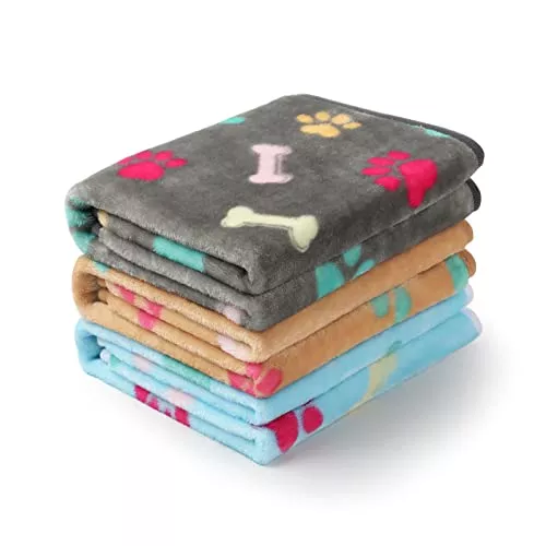 Luciphia 1 Pack 3 Blankets Fluffy Premium Fleece Pet Blanket Flannel Paw Bone Printed Throw For Dog Cat(Medium 30X20'', Purple/Pink/White)