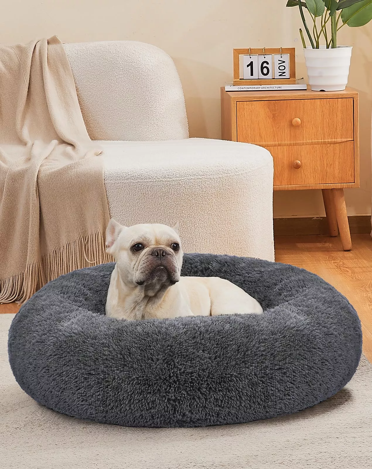 OhGeni Calming Donut Dog Bed Pillow, Medium 30" Gray, Plush Faux Fur, Machine Washable, Anti-Slip Bottom, Cats-Friendly Design