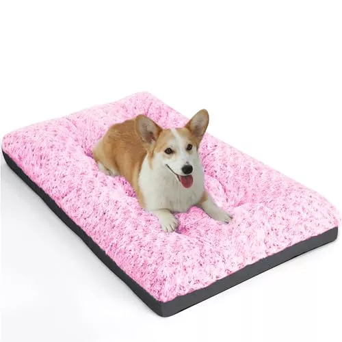 Pocblue Deluxe Washable Dog Bed For Medium Dogs Dog Crate Mat 30 Inch Comfy Fluffy Kennel Pad Anti-Slip For Dogs Up To 40 Lbs, 30' X 19', Pink